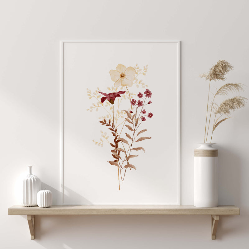 Watercolor burgundy, beige, brown flower poster for boho home decor.