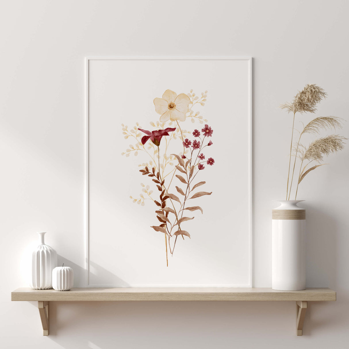 Watercolor burgundy, beige, brown flower poster for boho home decor.