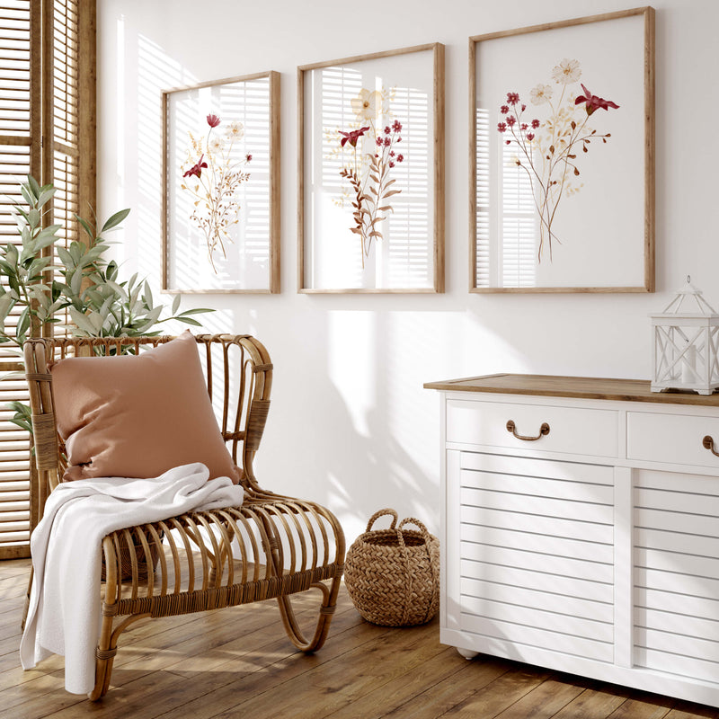 Set of 3 watercolor burgundy, beige, brown flower poster for autumn home decor.