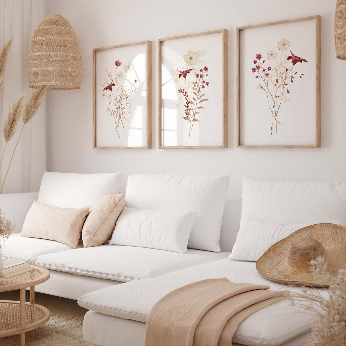 Set of 3 watercolor burgundy, beige, brown flower poster for autumn home decor.