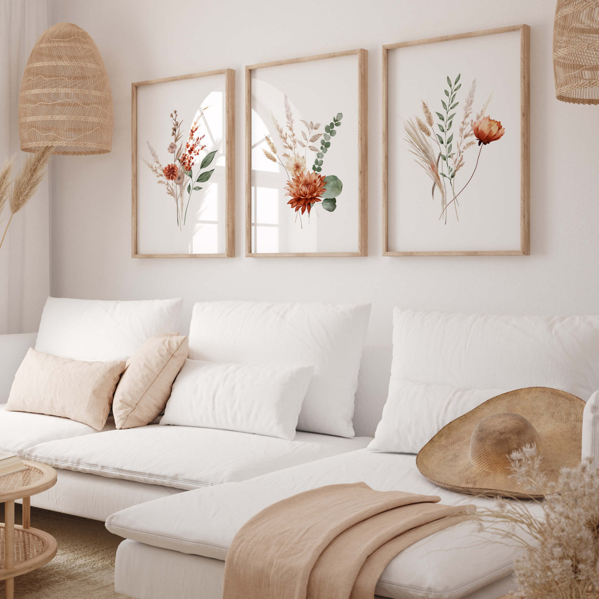 Watercolor boho wild flower print in orange, burgundy, beige, green colors for boho neutral autumn home decor.