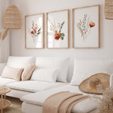 Watercolor boho wild flower print in orange, burgundy, beige, green colors for boho neutral autumn home decor.