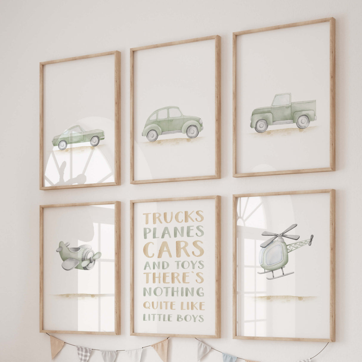 Set of 6 watercolor sage green vintage car and airplane printable with quote for toddler room decor, baby boys room decor.