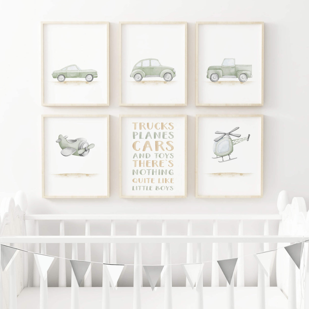 Set of 6 watercolor sage green vintage car and airplane poster with quote for toddler room decor, baby boys room decor.