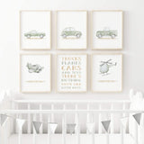 Set of 6 watercolor sage green vintage car and airplane poster with quote for toddler room decor, baby boys room decor.
