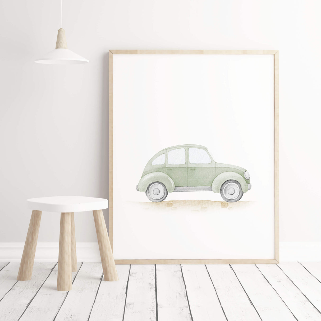 Watercolor sage green vintage car and airplane print with quote for toddler room decor, baby boys room decor.