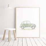Watercolor sage green vintage car and airplane print with quote for toddler room decor, baby boys room decor.