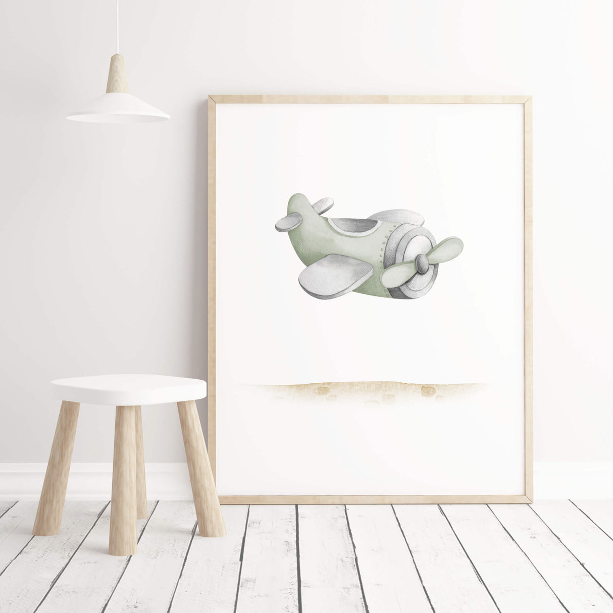 Watercolor sage green vintage car and airplane print with quote for toddler room decor, baby boys room decor.