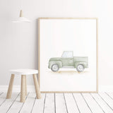 Watercolor sage green vintage car and airplane print with quote for toddler room decor, baby boys room decor.