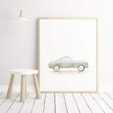 Watercolor sage green vintage car and airplane print with quote for toddler room decor, baby boys room decor.