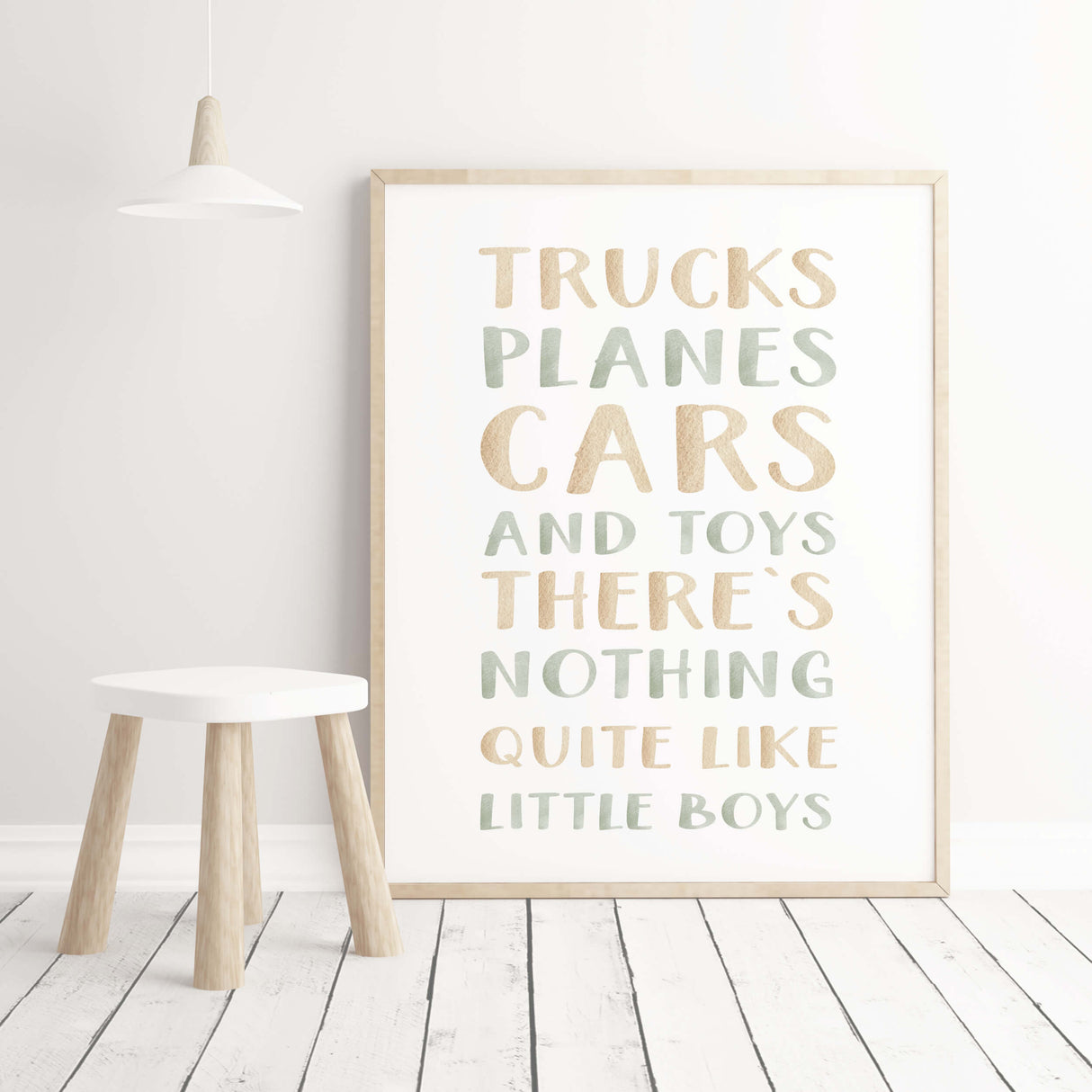 Watercolor sage green vintage car and airplane print with quote for toddler room decor, baby boys room decor.