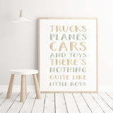 Watercolor sage green vintage car and airplane print with quote for toddler room decor, baby boys room decor.