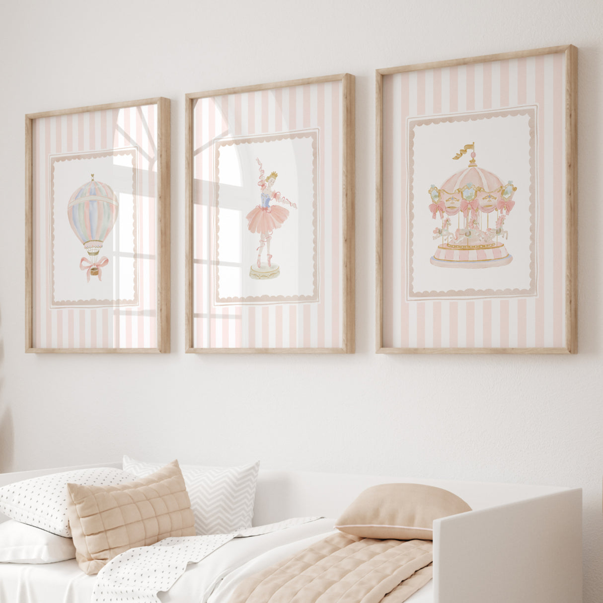 Set of 3 nursery wall art printables featuring carousel ballerina and hot air balloon

