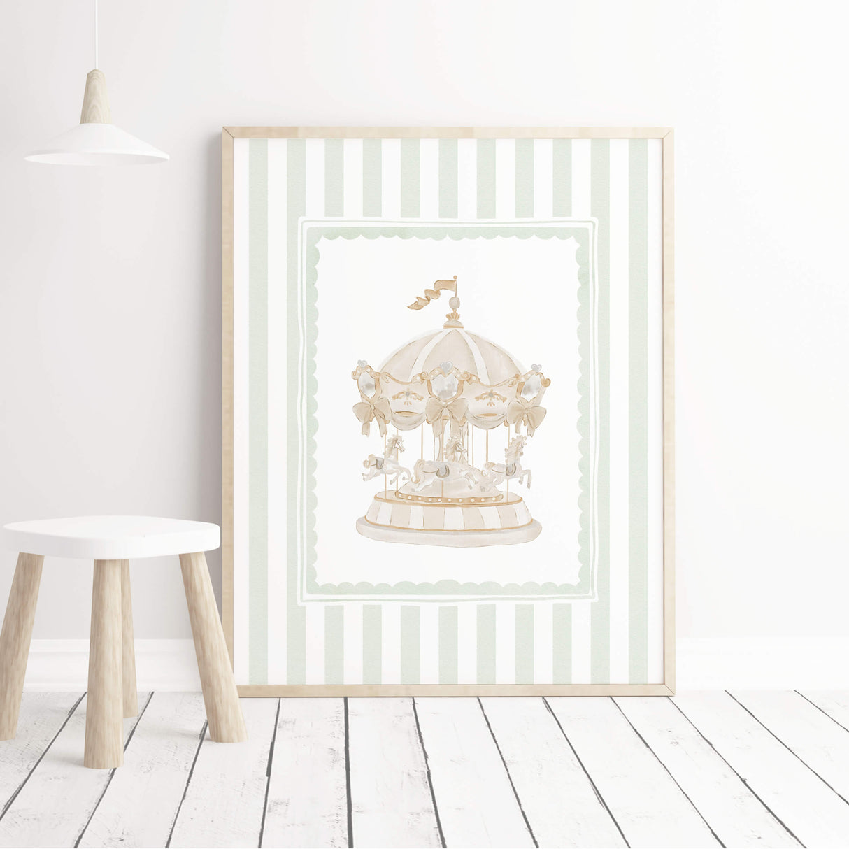 Neutral sage green carousel wall art set of 8 printable nursery decor digital download.