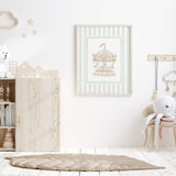 Beige and sage striped watercolor nursery prints with carousel ballerina and swan.