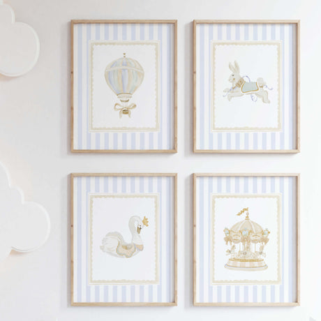 Blue striped nursery wall gallery featuring carousel animals hot air balloon ballerina and initial letters