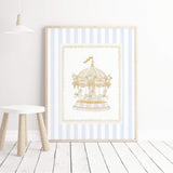 Printable carousel and alphabet letter nursery prints in soft blue and yellow beige stripes for kids room wall art