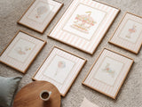 Set of 6 printable nursery wall art with carousel animals and pastel pink stripes

