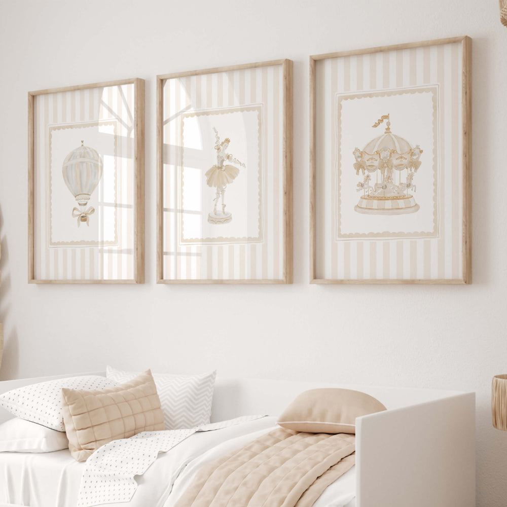 Set of beige and white nursery printables with striped backgrounds

