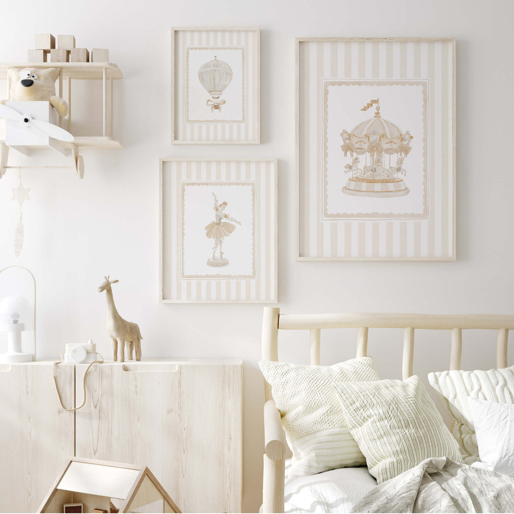 Carousel unicorn swan and bunny nursery artwork in beige color scheme

