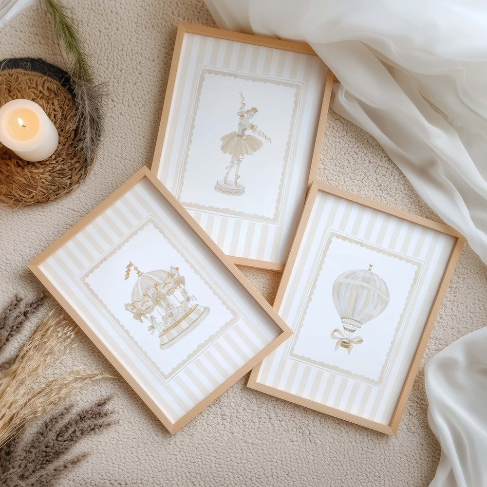 Set of beige and white nursery printables with striped backgrounds

