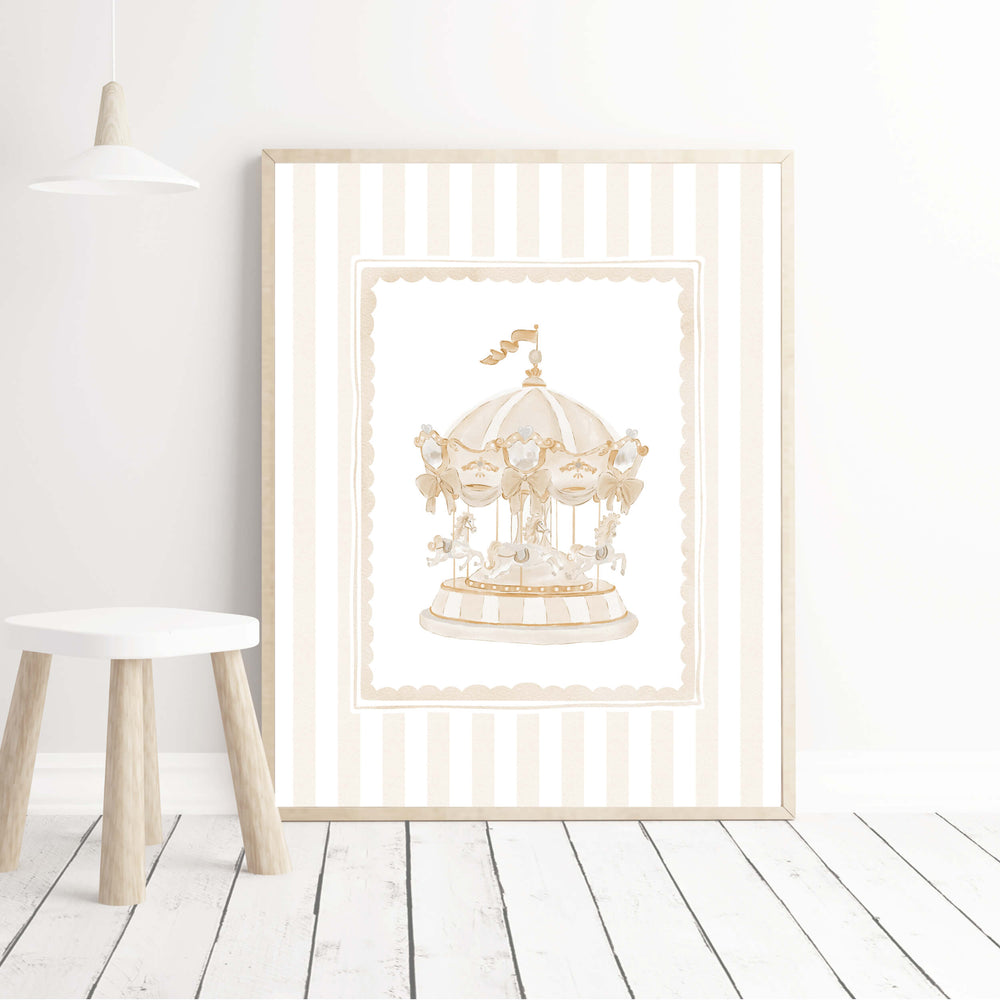 Scandinavian-style beige nursery print set with whimsical circus characters

