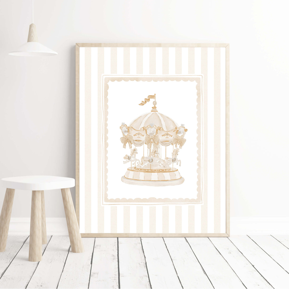 Scandinavian-style beige nursery print set with whimsical circus characters

