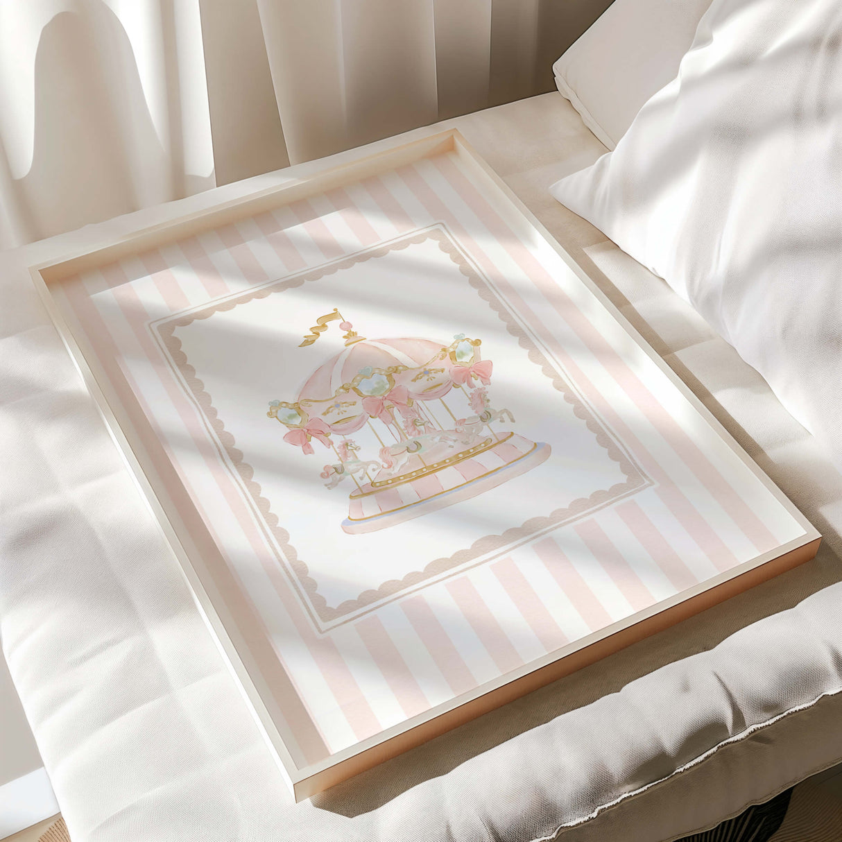 Baby girl nursery wall prints in pink beige tones with retro illustrations


