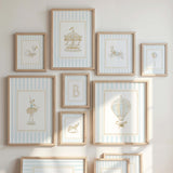 "Turquoise striped carousel nursery wall art printable set with swan bunny ballerina and hot air balloon design"