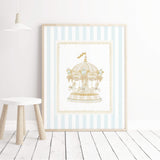 "Soft pastel turquoise nursery art bundle including carousel horse ballerina and hot air balloon prints"