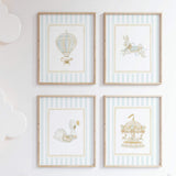 "Vintage style turquoise and beige nursery wall prints with customizable alphabet initials"