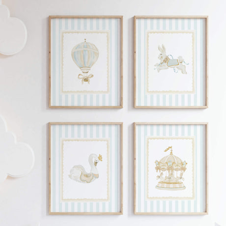 "Vintage style turquoise and beige nursery wall prints with customizable alphabet initials"