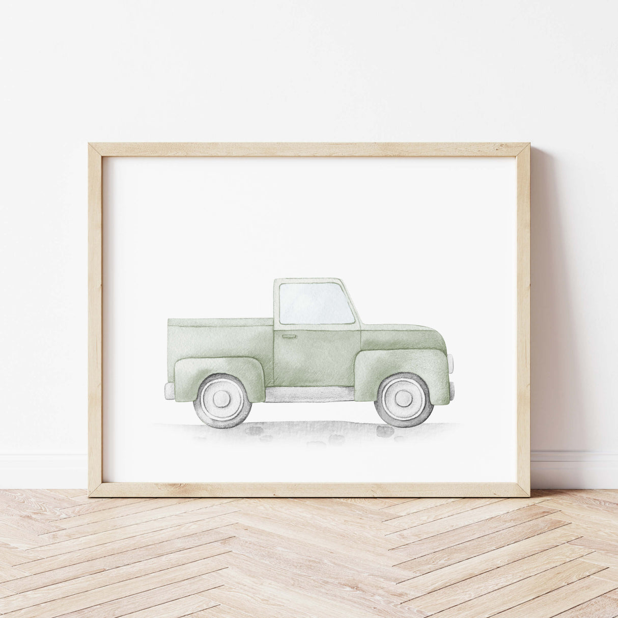 Watercolor vintage car poster in sage green color for toddler room decor and baby boys room decor, sage green nursery decor.