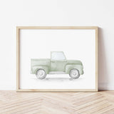 Watercolor vintage car poster in sage green color for toddler room decor and baby boys room decor, sage green nursery decor.