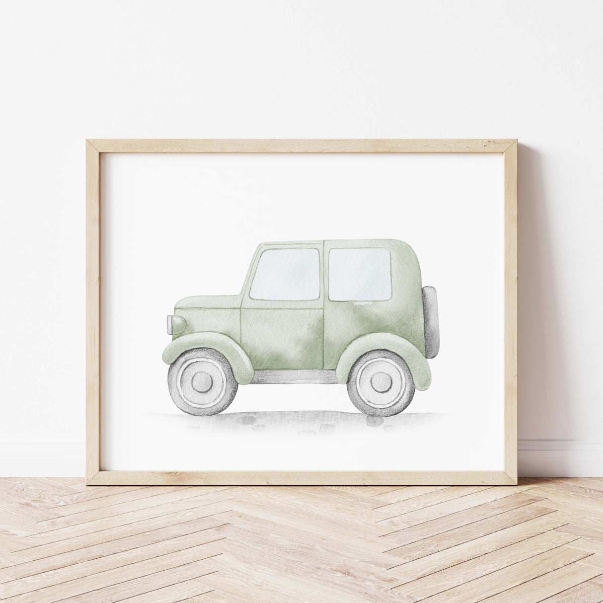 Watercolor vintage car print in sage green color for toddler room decor and baby boys room decor, sage green nursery decor.
