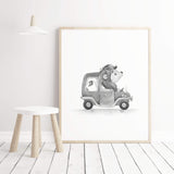 Watercolor gray vintage cars print with lion for toddler room decor, baby room decor, kids room decor.