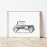 Watercolor black vintage car printable for toddler room decor, baby boys room decor, black and white nursery decor.
