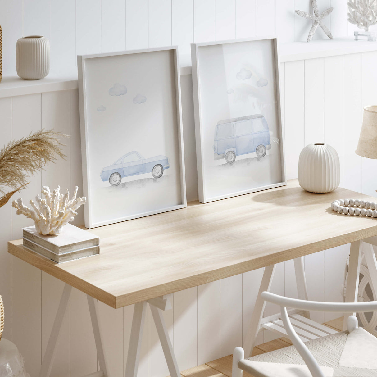 Set of 2 light blue vintage car printable for baby boys and toddler room decor.