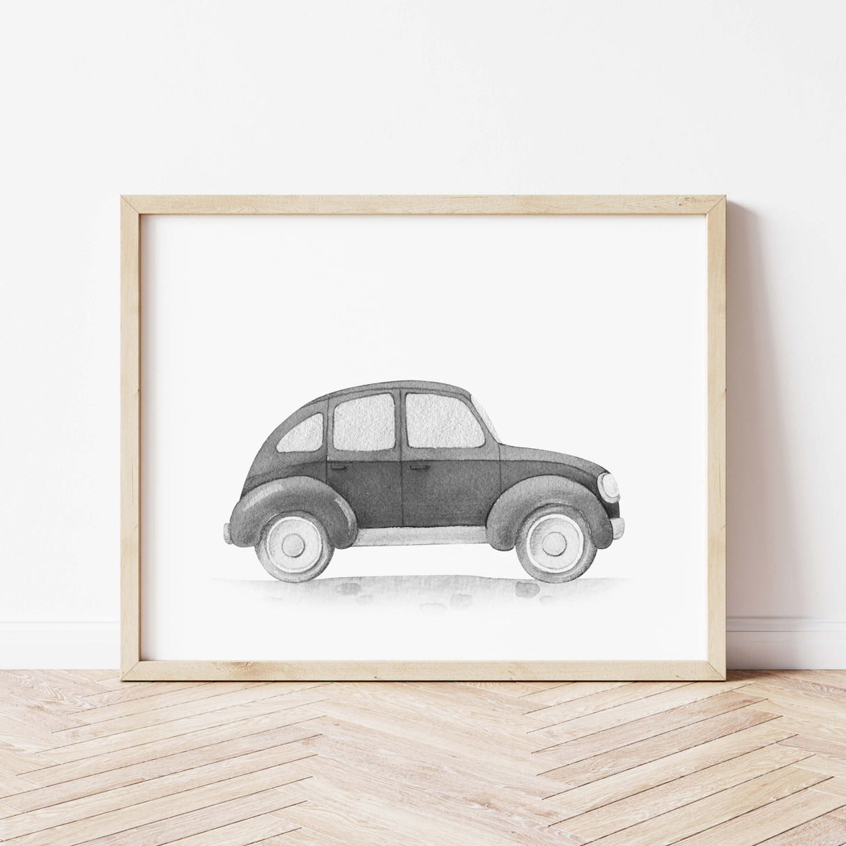 Watercolor black vintage car poster for toddler room decor, baby boys room decor, black and white nursery decor.