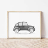 Watercolor black vintage car poster for toddler room decor, baby boys room decor, black and white nursery decor.