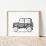 Watercolor black vintage car print for toddler room decor, baby boys room decor, black and white nursery decor.