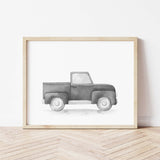 Watercolor black vintage car printable for toddler room decor, baby boys room decor, black and white nursery decor.