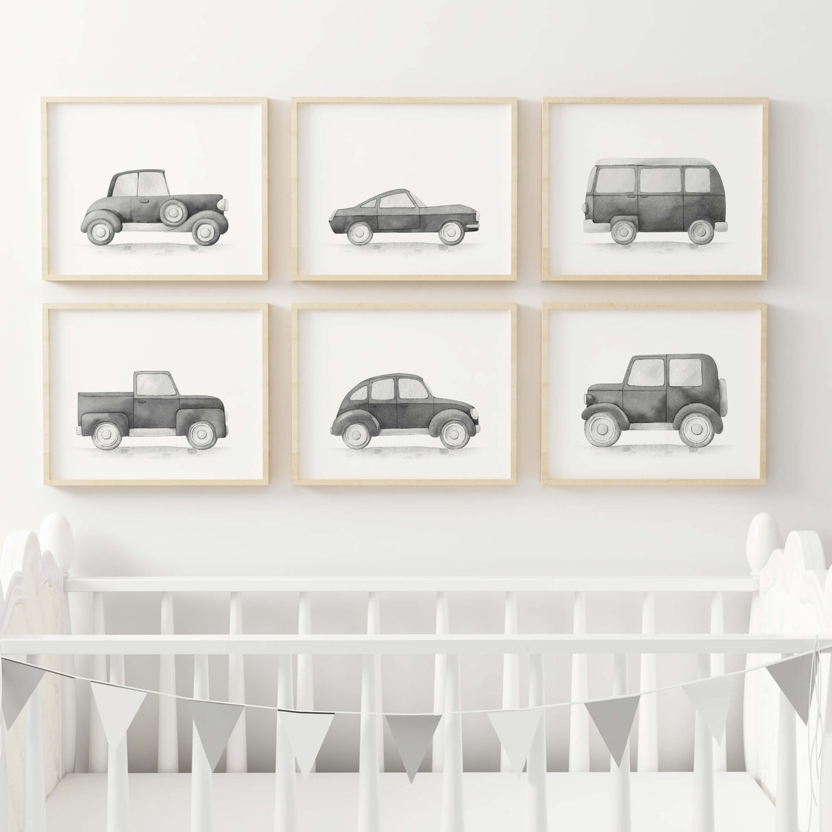 Watercolor black vintage car print for toddler room decor, baby boys room decor, black and white nursery decor.