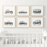 Watercolor black vintage car print for toddler room decor, baby boys room decor, black and white nursery decor.