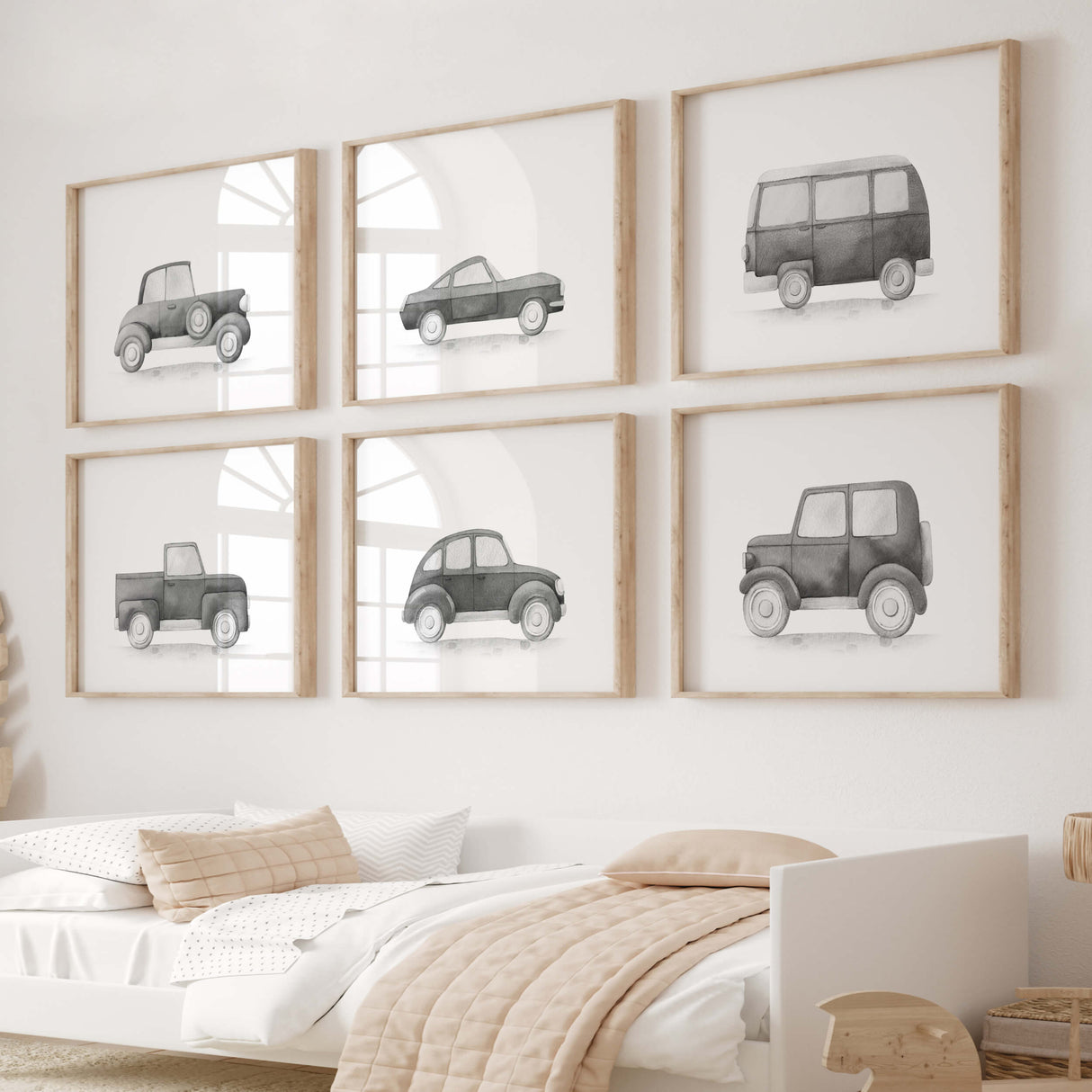 Watercolor black vintage car print for toddler room decor, baby boys room decor, black and white nursery decor.