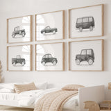 Watercolor black vintage car print for toddler room decor, baby boys room decor, black and white nursery decor.