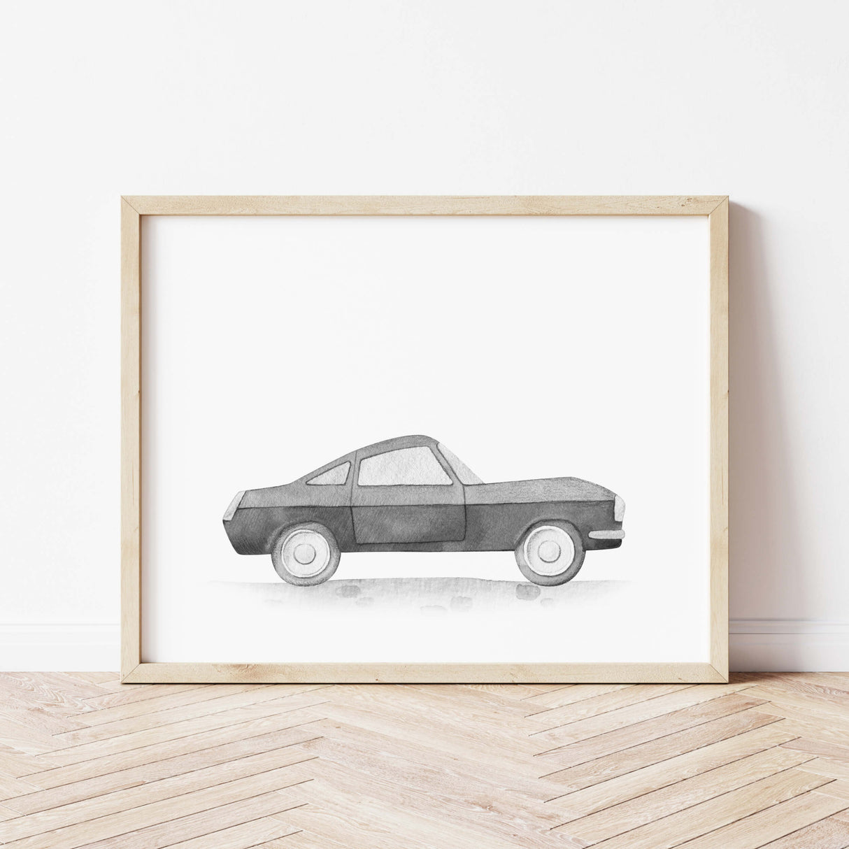 Watercolor black vintage car print for toddler room decor, baby boys room decor, black and white nursery decor.