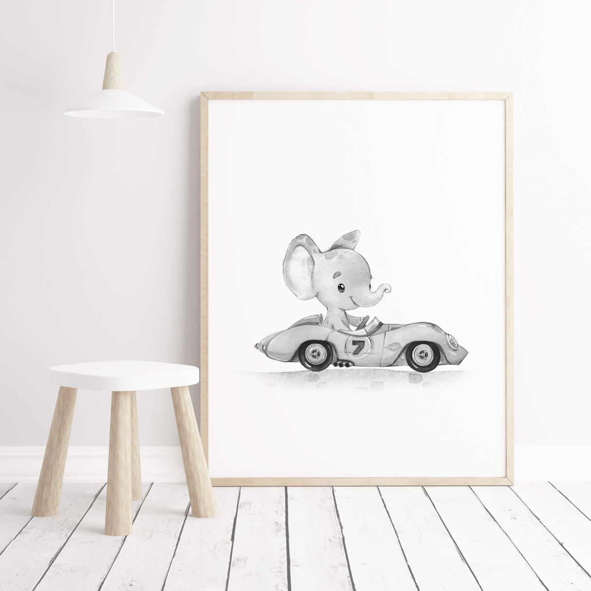 Watercolor gray vintage cars print with elephant for toddler room decor, baby room decor, kids room decor.