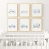Watercolor light blue vintage car print for toddler room decor, baby boys room decor, blue nursery decor.