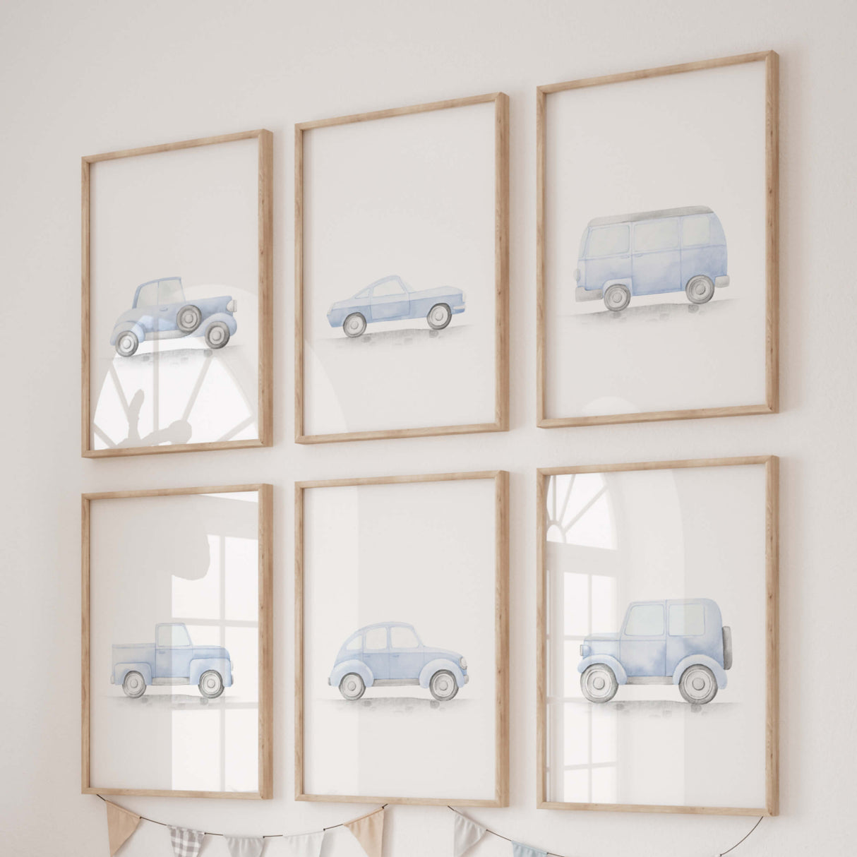 Watercolor light blue vintage car print for toddler room decor, baby boys room decor, blue nursery decor.